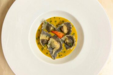 Two-Toned Lobster Tortellini with Squid Ink in a Lobster Bisque Sauce