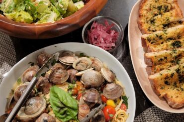 Homemade Linguine With Clams, La Scala Chopped Salad, and Garlic Bread